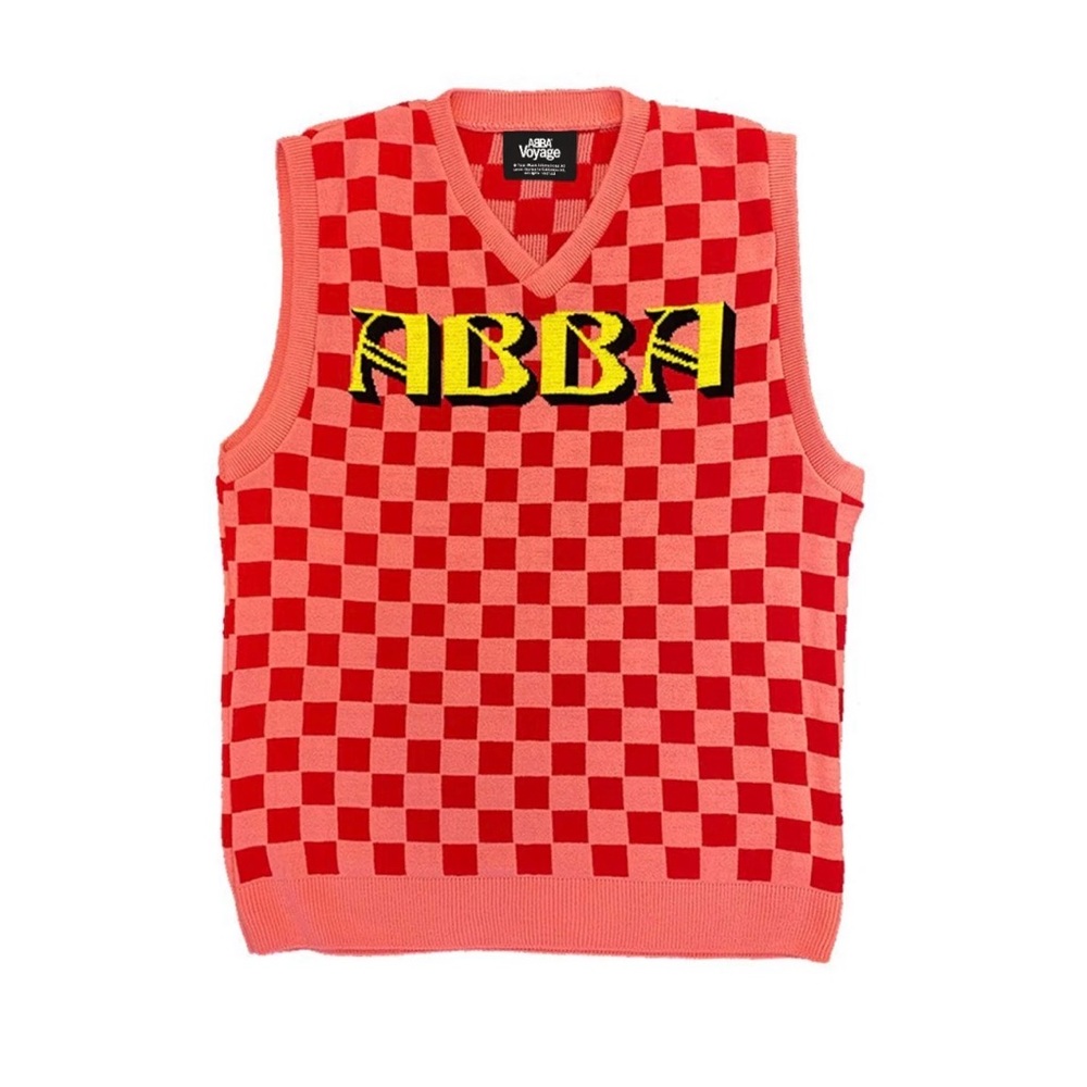 ABBA Official Merchandise Pink Checkered Knit Vest Sleeveless Sweater L